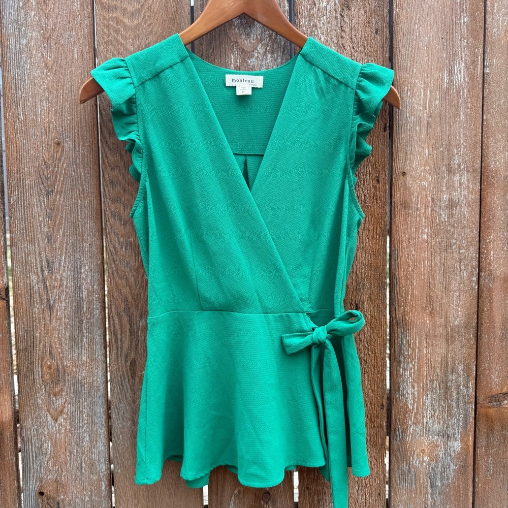 Monteau Women’s Green Ruffle Sleeve Wrap Fit Flare Blouse Shirt Size Small
